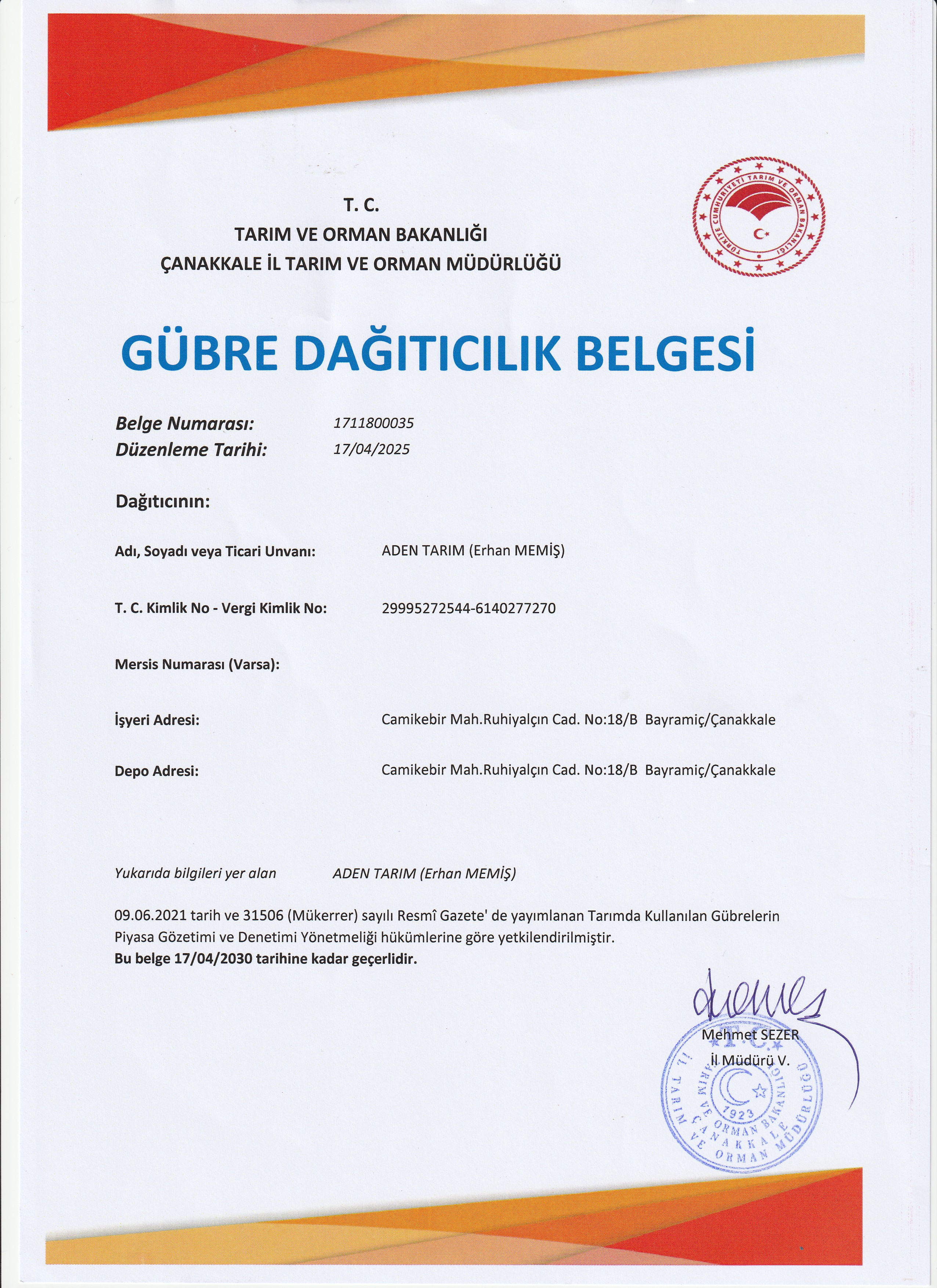 Gübre Dağıtıcılık Belgesi