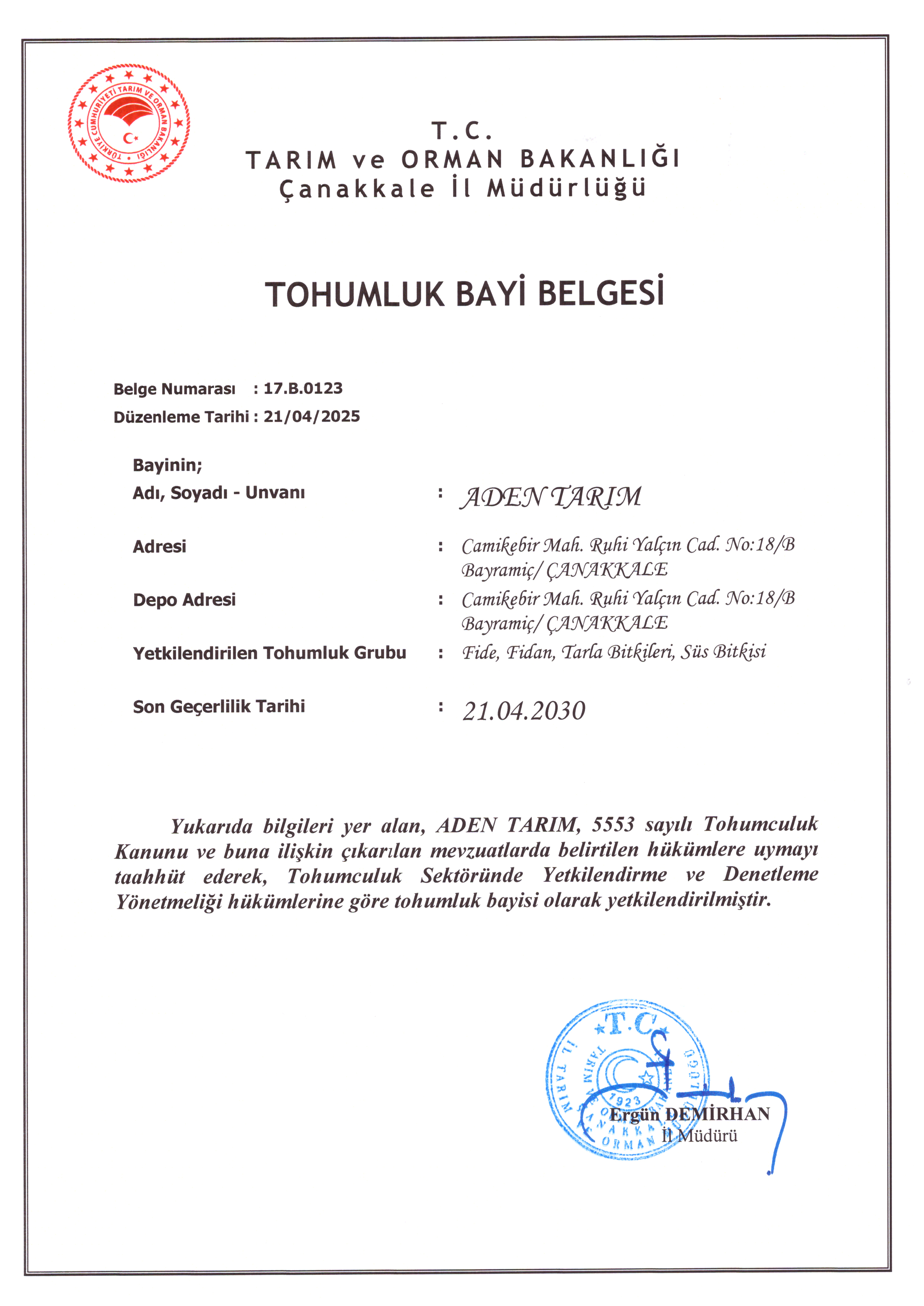 Tohumluk Bayi Belgesi
